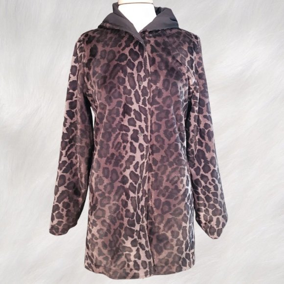 REVERSIBLE Black and Faux Fur Leopard Print Mid-Length Hooded Coat Jacket Size S - Picture 2 of 12